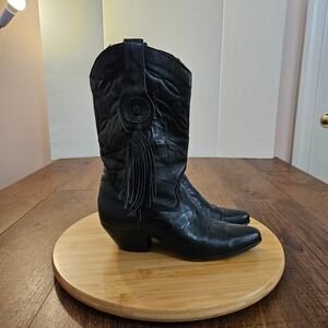 Vintage Laredo Womens Black Leather Fringe Cowboy Boots Size 5M Cowgirl Country